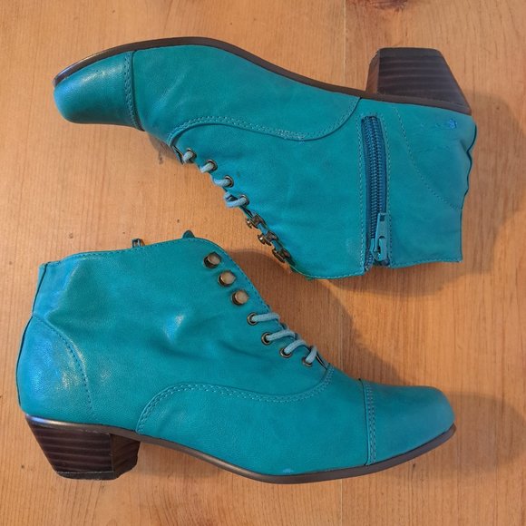 Teal Green Chelsea Crew Heeled Lace Up Ankle Booties With Zip - Picture 4 of 9